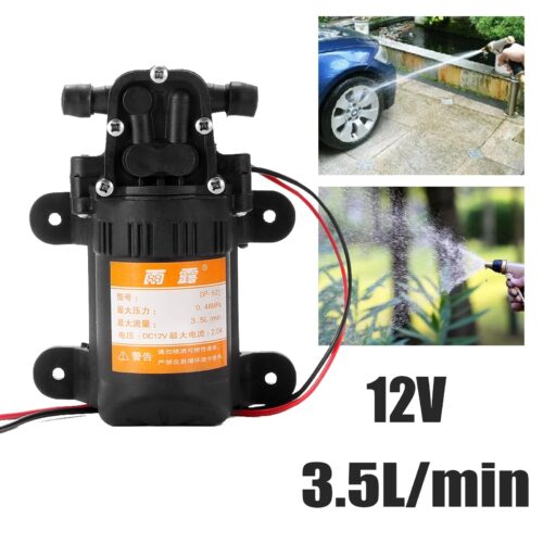 Bomba de agua eléctrica de diafragma para riego, agricultura y lavado de coche. Opera con DC 12V produce 70PSI de presión 3.5L min.