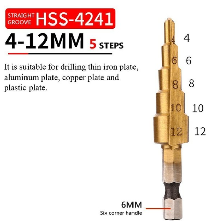 Broca escalonada recubierta HSS de 4 a 12 mm, eje de 6mm