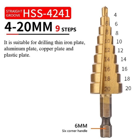 Broca escalonada recubierta HSS de 4 a 20 mm, eje de 6mm