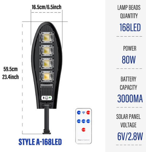 Lámpara solar de luces LED para exteriores de 80W y 168 leds, farola de jardín con sensor de movimiento y control remoto, luz de pared impermeable para reflector de garaje