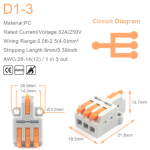 Conector de cable rápido universal compacto. Bloque de empalme de empuje con orificio de fijación.  1 entrada 3 salida 1 colores. D1-3.