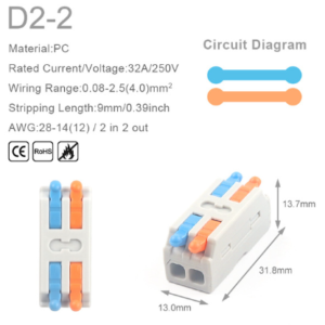 Conector de cable rápido universal compacto. Bloque de empalme de empuje con orificio de fijación.  2 entrada 2 salida 2 colores. D2-2M. (Paquete de 5 unidades)