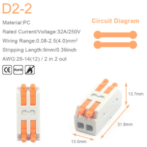 Conector de cable rápido universal compacto. Bloque de empalme de empuje con orificio de fijación.  2 entrada 2 salida 1 color. D222
