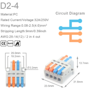 Conector de cable rápido universal compacto. Bloque de empalme de empuje con orificio de fijación.  2 entrada 4 salida 2 colores. D2-4.