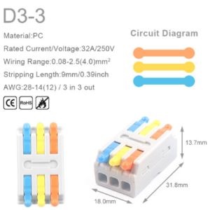 Conector de cable rápido universal compacto. Bloque de empalme de empuje con orificio de fijación.  3 entrada 3 salida 3 colores. D3-3.