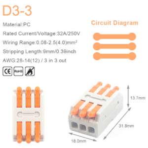 Conector de cable rápido universal compacto. Bloque de empalme de empuje con orificio de fijación.  3 entrada 3 salida 1 colores. D3-3.