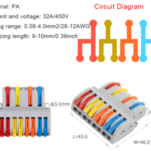 Conector de cable rápido universal compacto. Bloque de empalme de empuje con orificio de fijación.  4 entrada 8 salida 4 colores. D4-8.