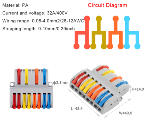 Conector de cable rápido universal compacto. Bloque de empalme de empuje con orificio de fijación.  4 entrada 8 salida 4 colores. D4-8.