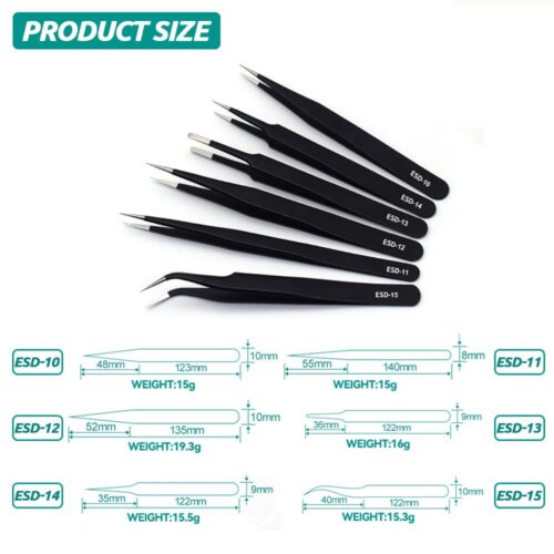 Set de 6 Pinzas Antiestáticas ESD de Acero Inoxidable, Herramienta de Mano, Curva, Mantenimiento de Precisión, Reparación Industrial, Trabajo Doméstico, Fabricación de Maquetas. - Image 4