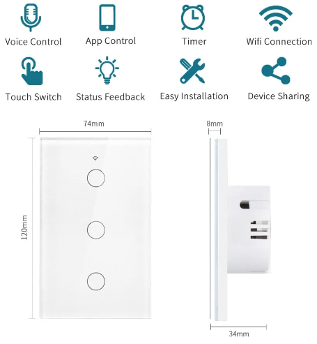 Tuya WiFi US Smart Light Switch 120 tipo panel táctil de pared. Compatible con Alexa Google Home - Image 2