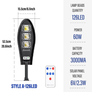 Lámpara solar de luces LED para exteriores de 60W y 126 leds, farola de jardín con sensor de movimiento y control remoto, luz de pared impermeable para reflector de garaje