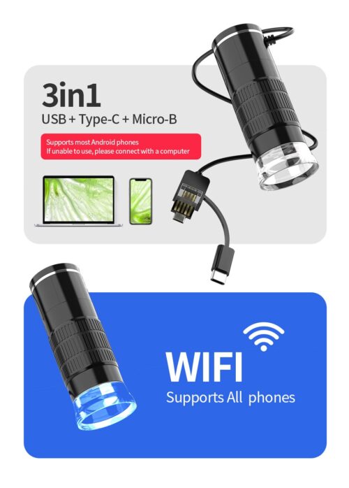 Microscopio digital inalámbrico WIFI con soporte Flexible, microscopio portátil de mano con aumento de 50X-1000X, USB, para iPhone, Android y PC. - Image 3
