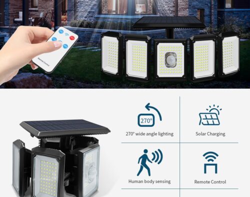 Reflector lámpara solar plegable impermeable de para exteriores de 300 LEDS. Reflector de luz solar con sensor de movimiento y control remoto de 3 modos. 