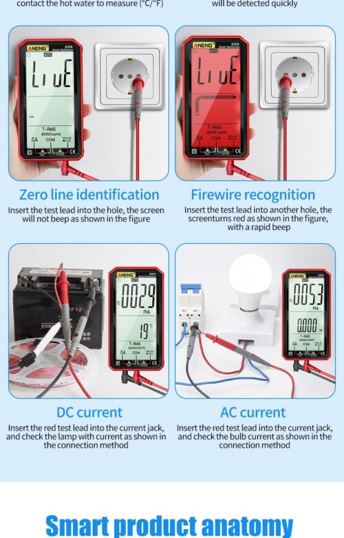 ANENG-multímetro inteligente Digital de 6000 recuentos, probador de transistores, medidor de capacitancia eléctrica automática, resistencia, temperatura, 620A. - Image 5